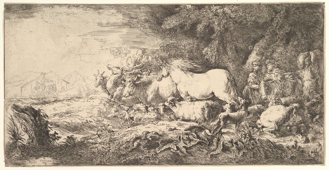 Djuren går in i Noas ark, tre män följer fyrfotingar och fåglar som strider..., ca. 1650-55. av Giovanni Benedetto Castiglione
