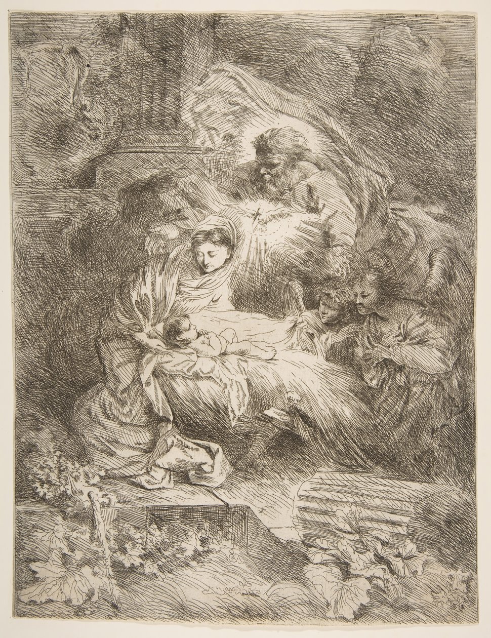 Gud Fadern iakttar jungfrun och barnet, änglar till höger, ca. 1645-47. av Giovanni Benedetto Castiglione