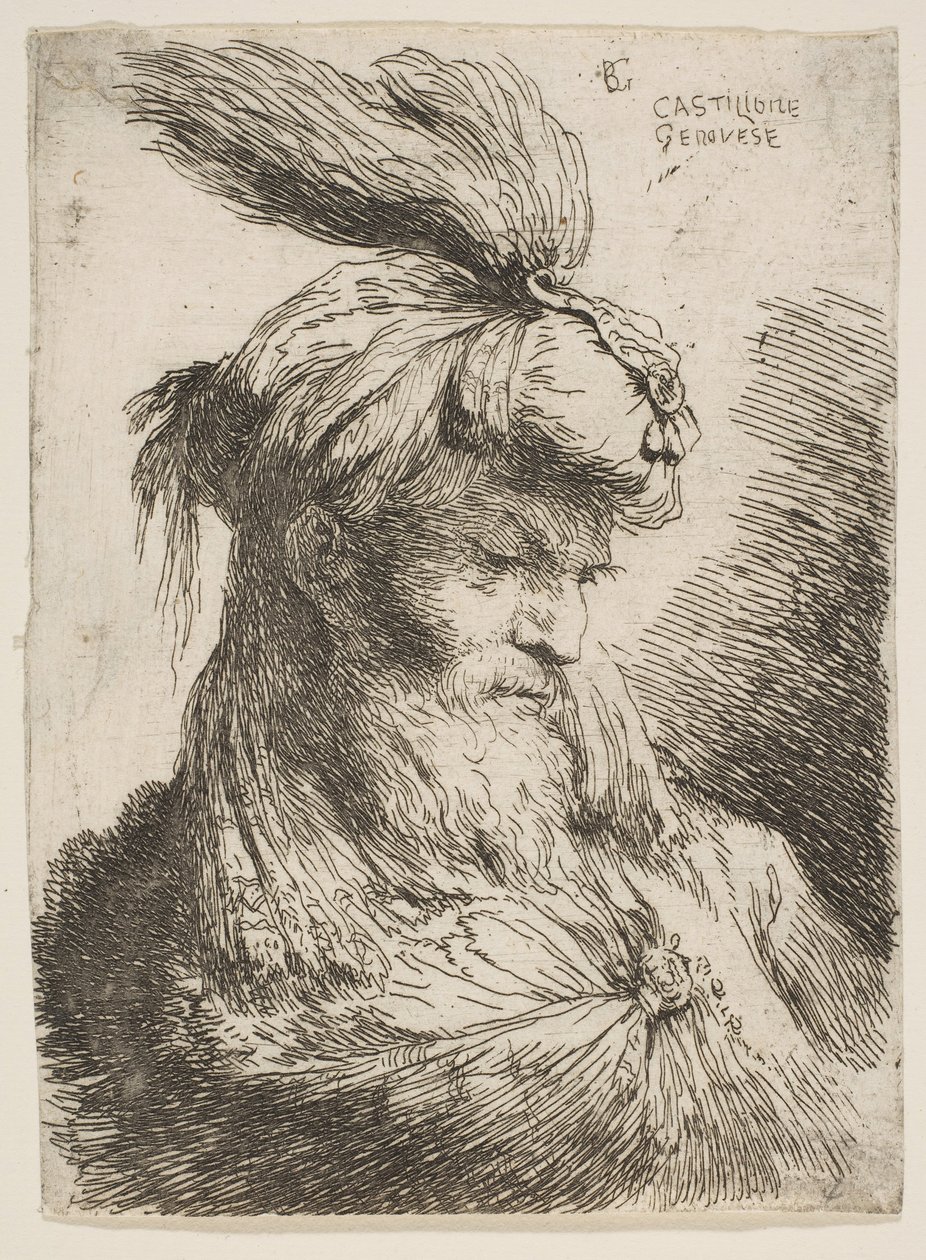 Huvud på en skäggig man med turban vänd åt höger, från serien Small Heads..., ca. 1645-1650. av Giovanni Benedetto Castiglione
