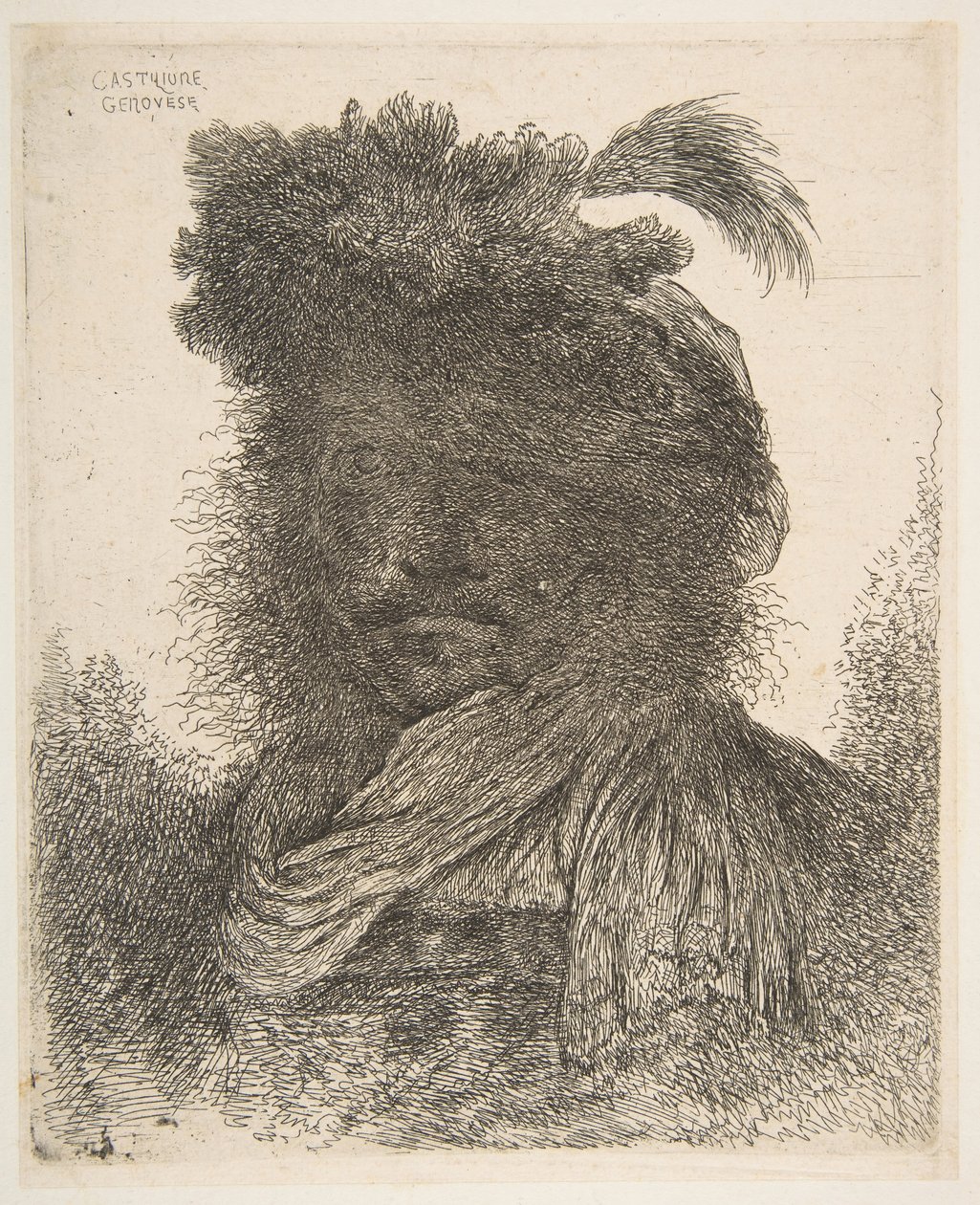 Huvudet på en man i skuggan vänt något åt vänster, från serien Large Or..., ca. 1645-1650. av Giovanni Benedetto Castiglione