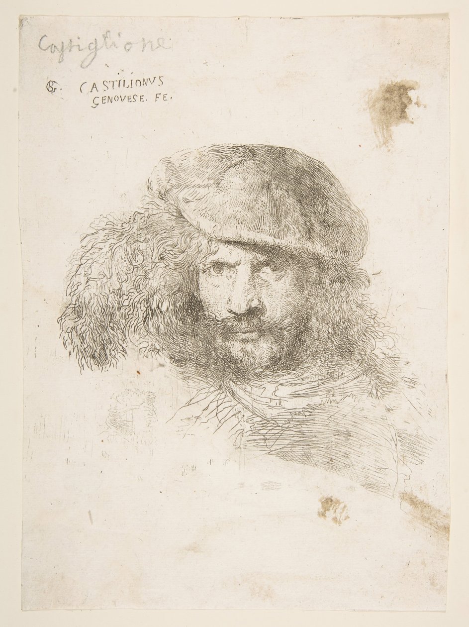 Huvudet på en man som bär en fjädermössa möjligen Bernini, möjligen ett självporträtt..., ca. 1645-1650. av Giovanni Benedetto Castiglione