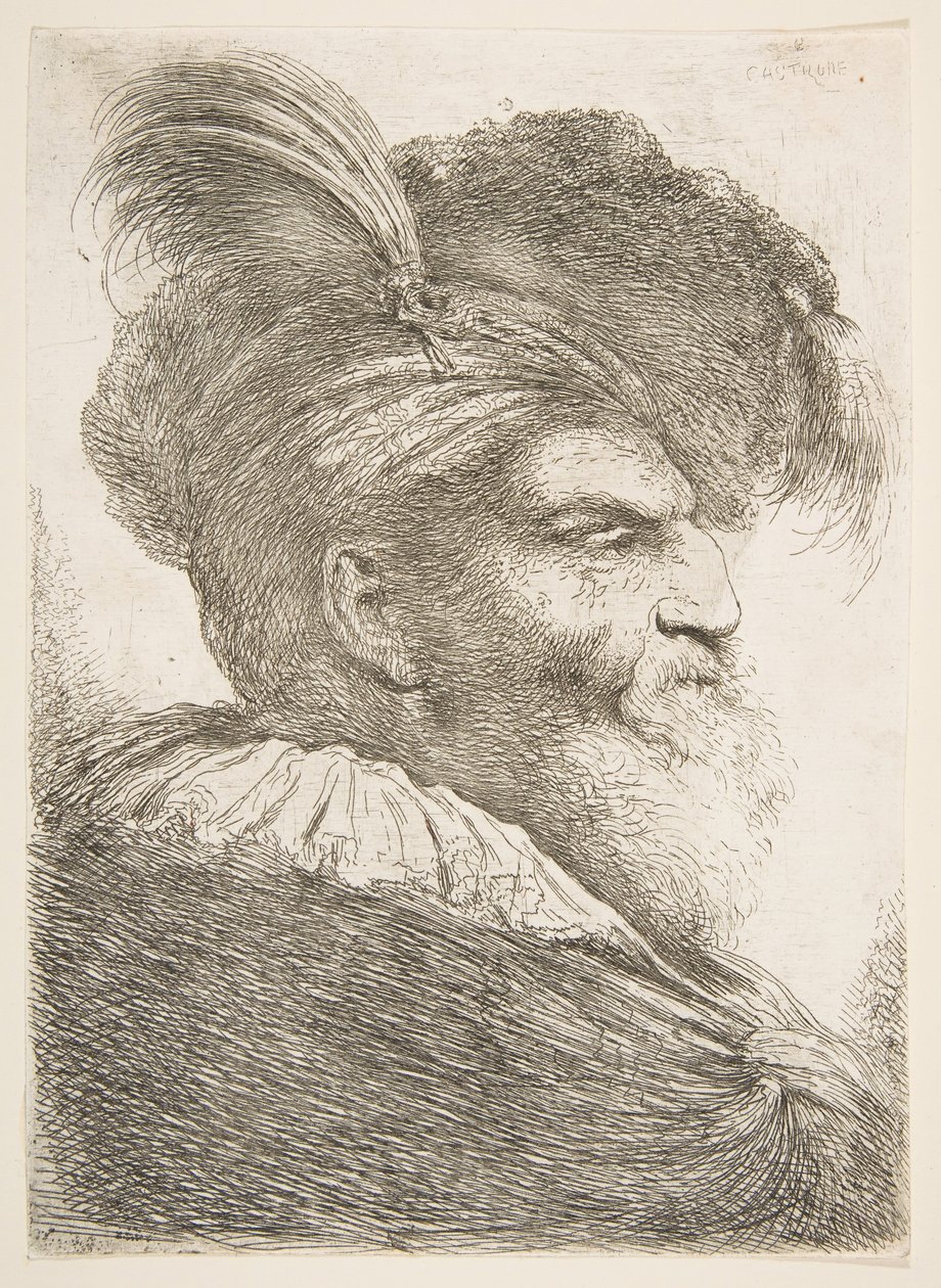 Huvudet på en gammal man vänd åt höger, från serien Large Oriental Heads, ca. 1645-1650. av Giovanni Benedetto Castiglione