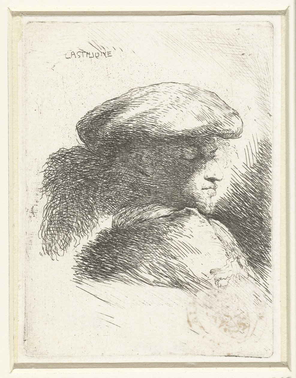 Huvudet av en ung man med en hatt med en fjäder Liten studie av huvuden med orientaliska huvudbonader (serietitel) av Giovanni Benedetto Castiglione