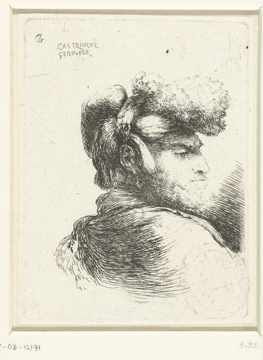 Huvudet på en man med en hatt trimmad med päls Liten studie av huvuden med orientaliska huvudbonader (serietitel) av Giovanni Benedetto Castiglione