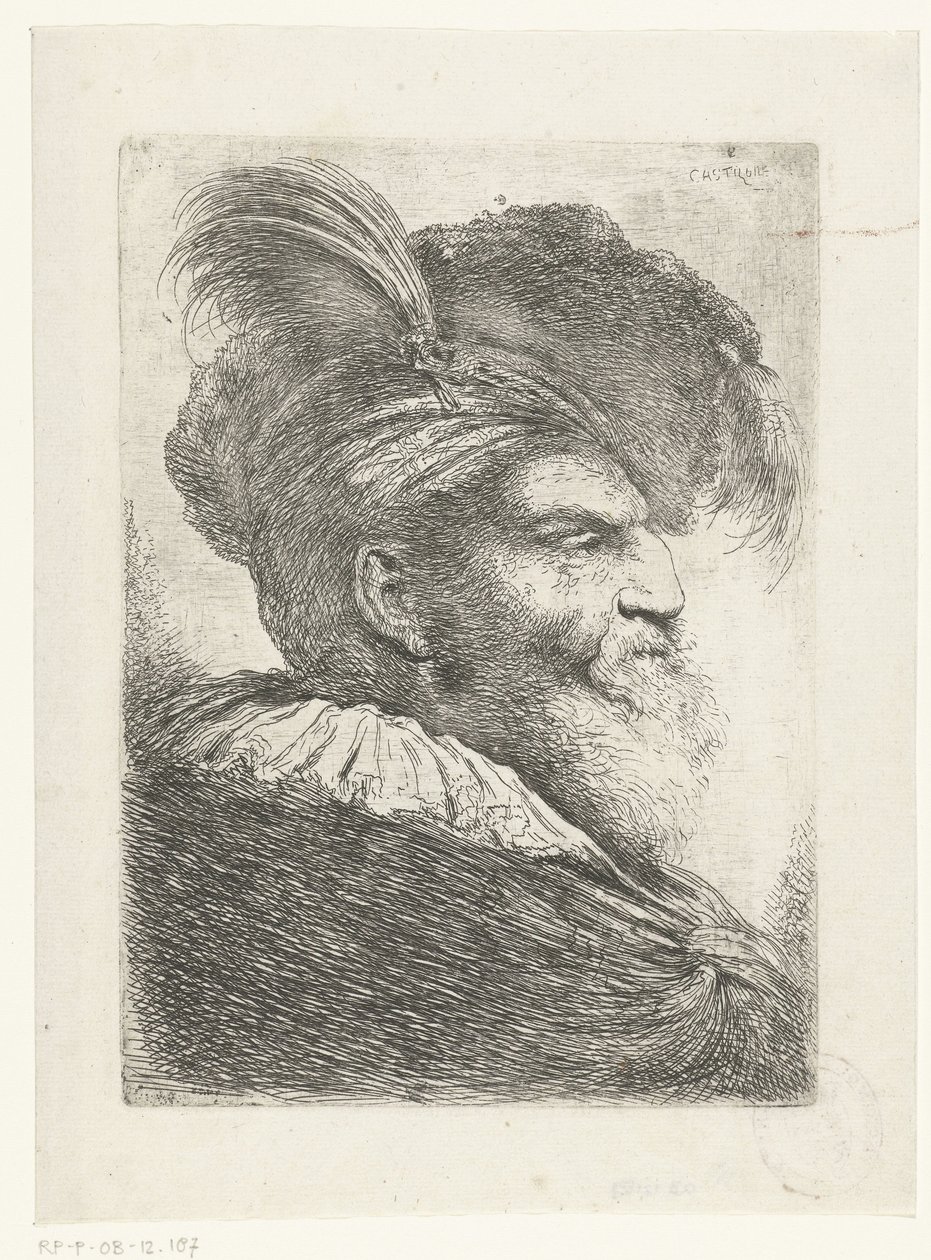 Huvud av en man med turban och pälsmössa Stor studie av huvuden med orientaliska huvudbonader (serietitel) av Giovanni Benedetto Castiglione