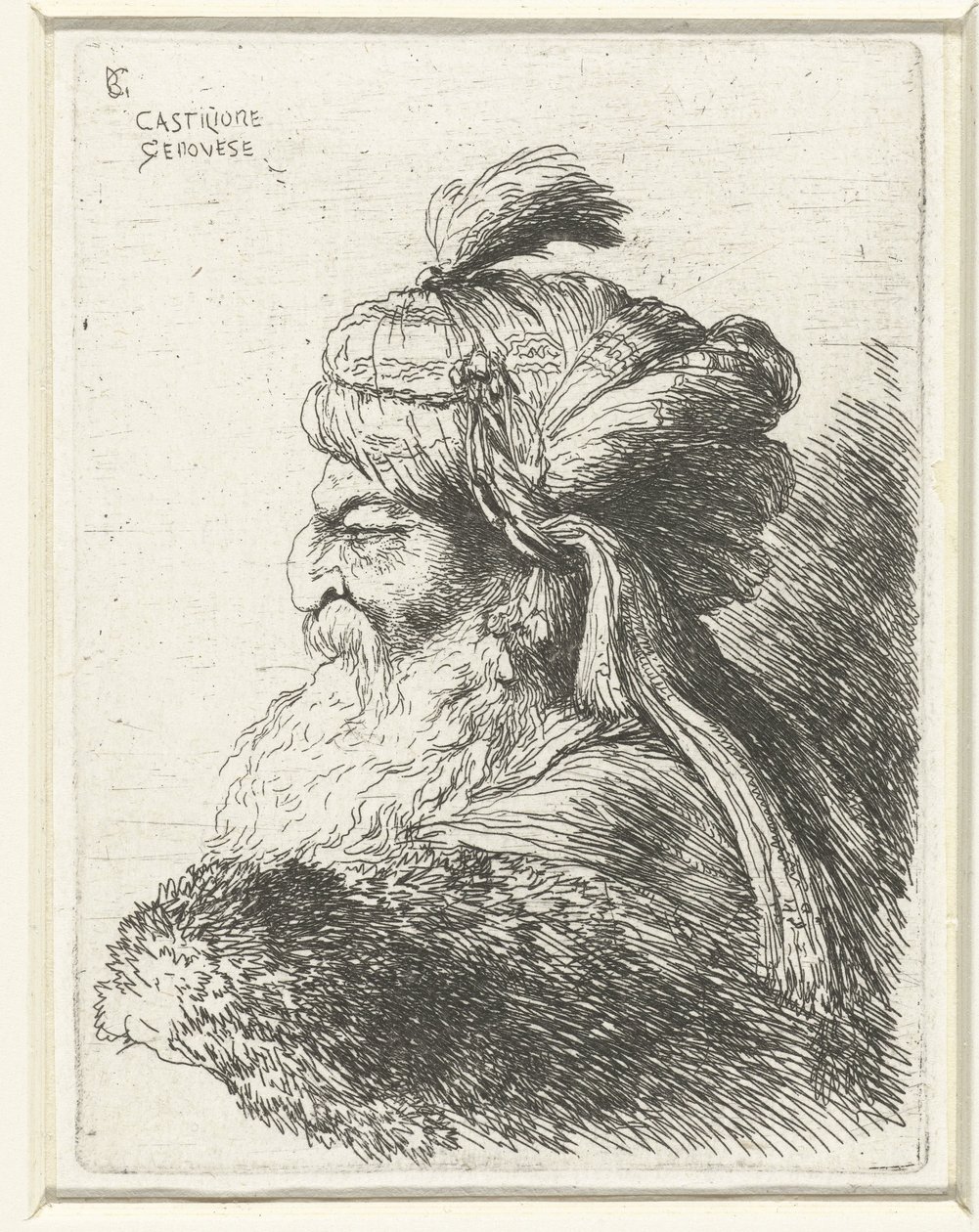 Huvudet på en gammal man med en turban Liten studie av huvuden med orientaliska huvudbonader (serietitel) av Giovanni Benedetto Castiglione
