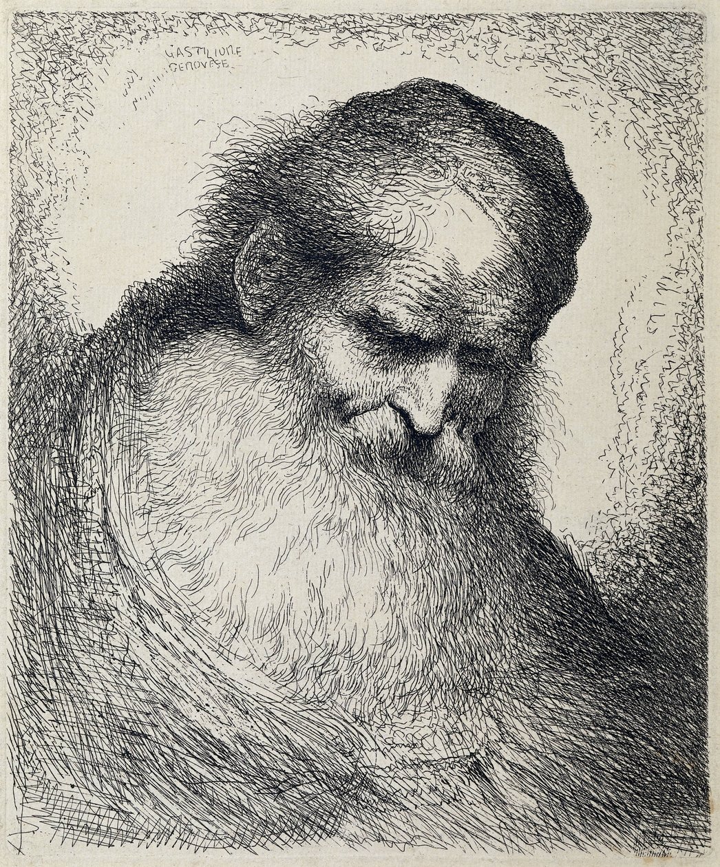 Huvudet på en sovande gubbe Stor studie av huvuden med orientaliska huvudbonader (serietitel) av Giovanni Benedetto Castiglione