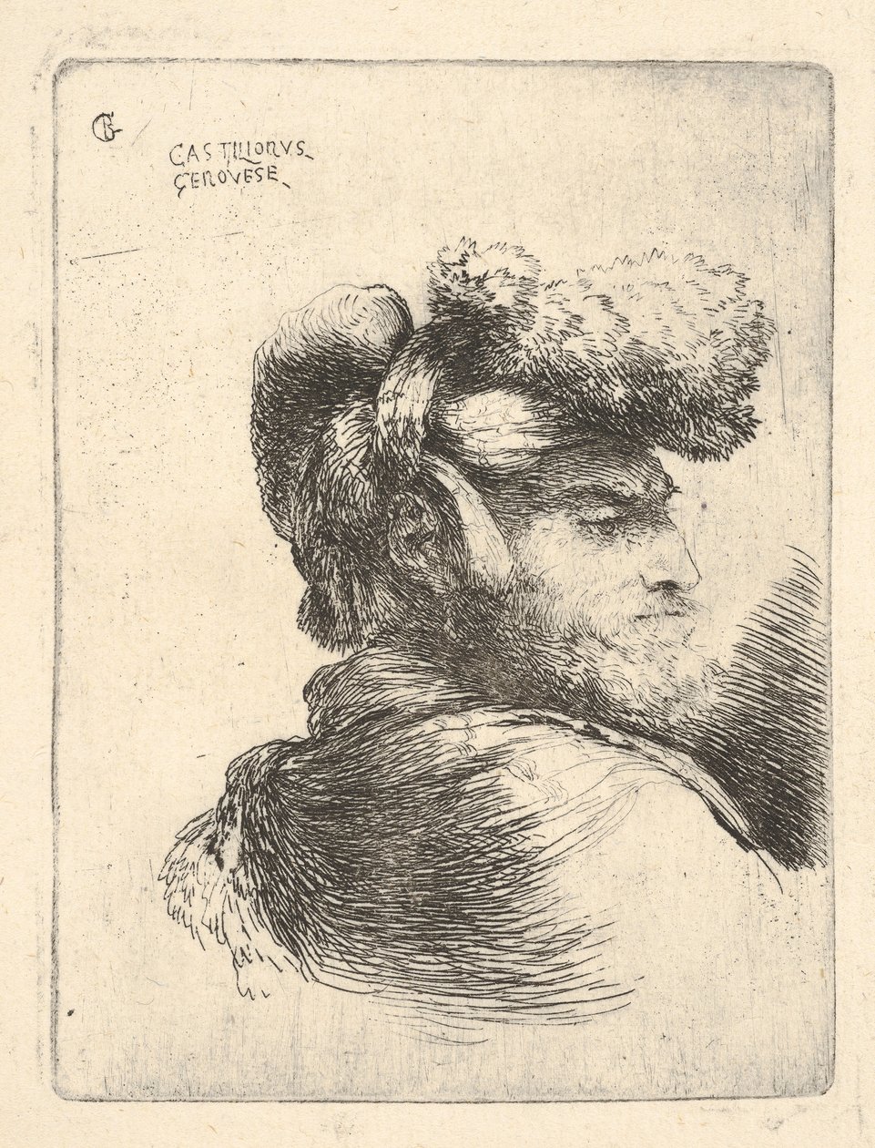 Man i profil vänd åt höger, iklädd pälsmössa, från serie Small Heads i Or..., ca. 1645-1650. av Giovanni Benedetto Castiglione