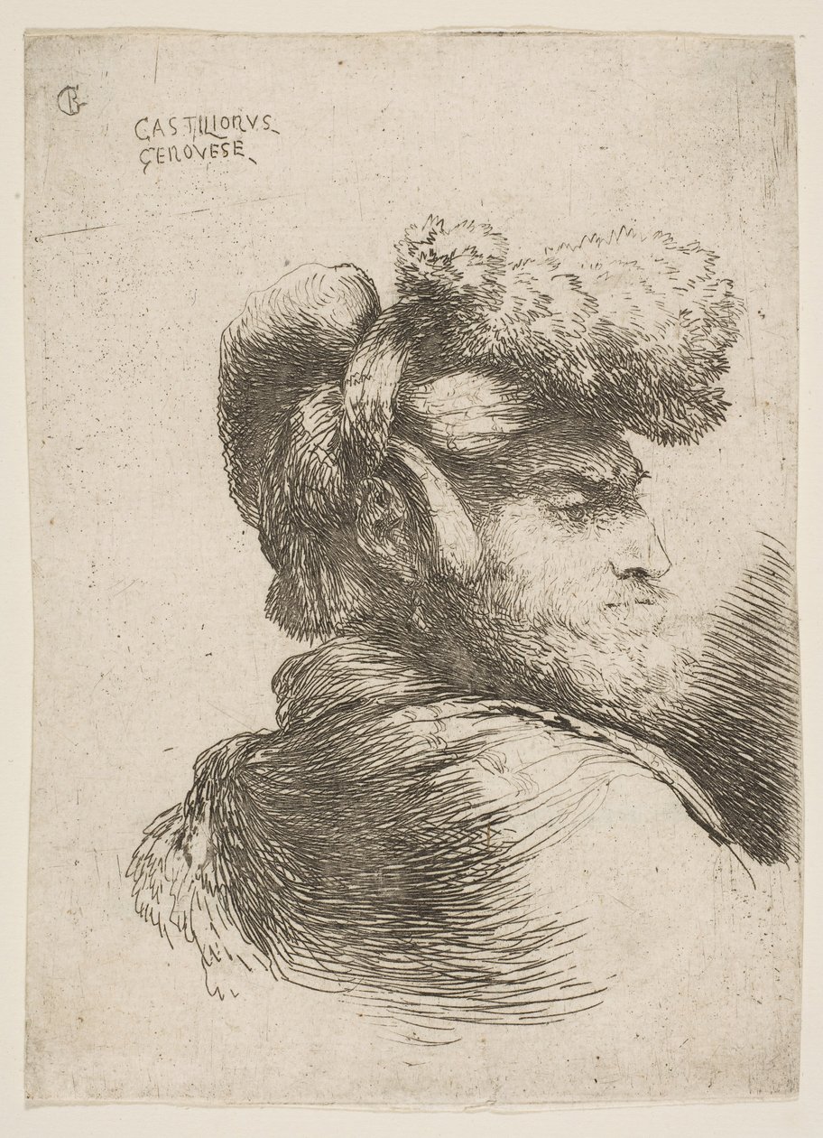Man i profil vänd åt höger, iklädd pälsmössa, från serie Small Heads i Or..., ca. 1645-1650. av Giovanni Benedetto Castiglione
