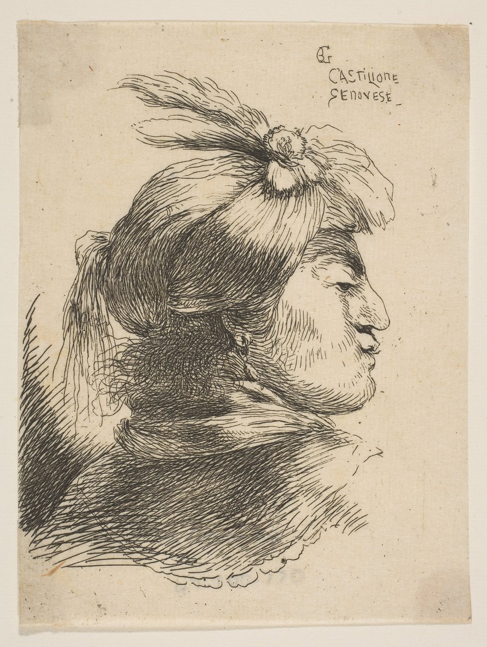 Man som bär en liten turban Oonamenterad med plymer och band, vänd åt höger, från ..., ca. 1645-1650. av Giovanni Benedetto Castiglione