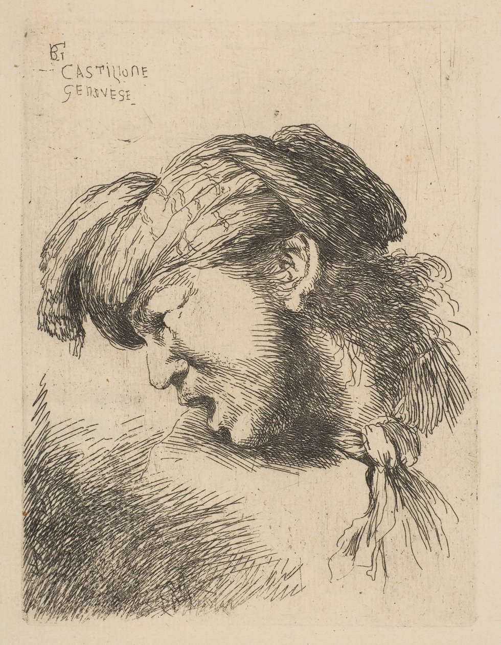 Man klädd i turban, en slips runt halsen, vänd åt vänster, från serien ..., ca. 1645-50. av Giovanni Benedetto Castiglione
