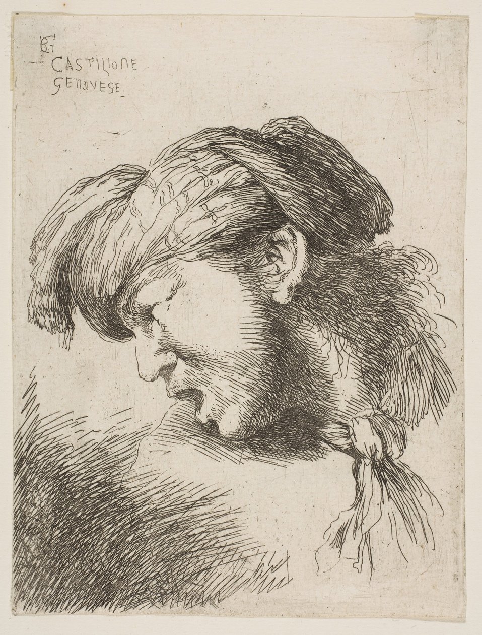 Man klädd i turban, en slips runt halsen, vänd åt vänster, från serien av..., 1645-1650. av Giovanni Benedetto Castiglione