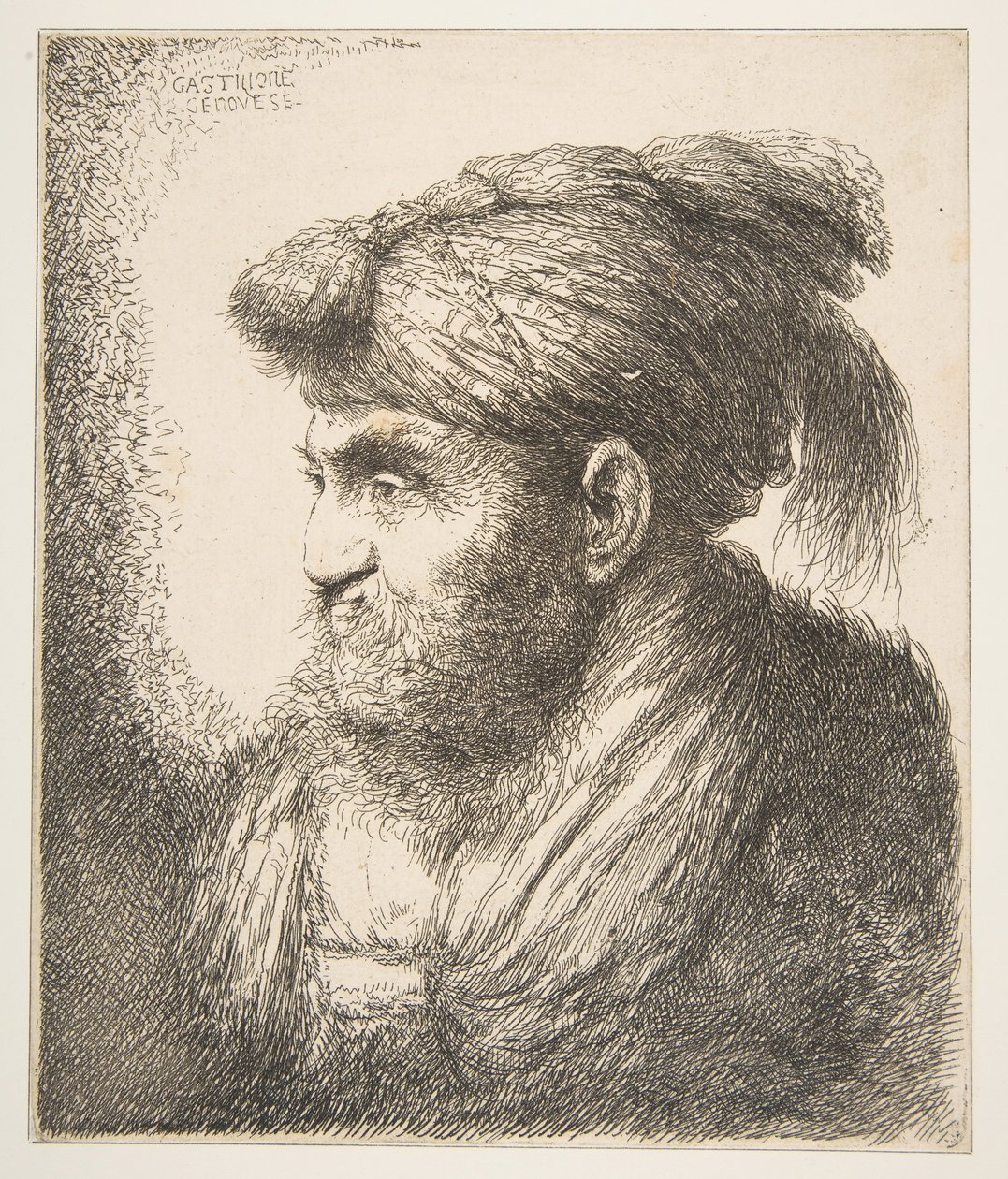 Man med turban vänd åt vänster, från serien Large Oriental Heads, ca. 1645-50. av Giovanni Benedetto Castiglione