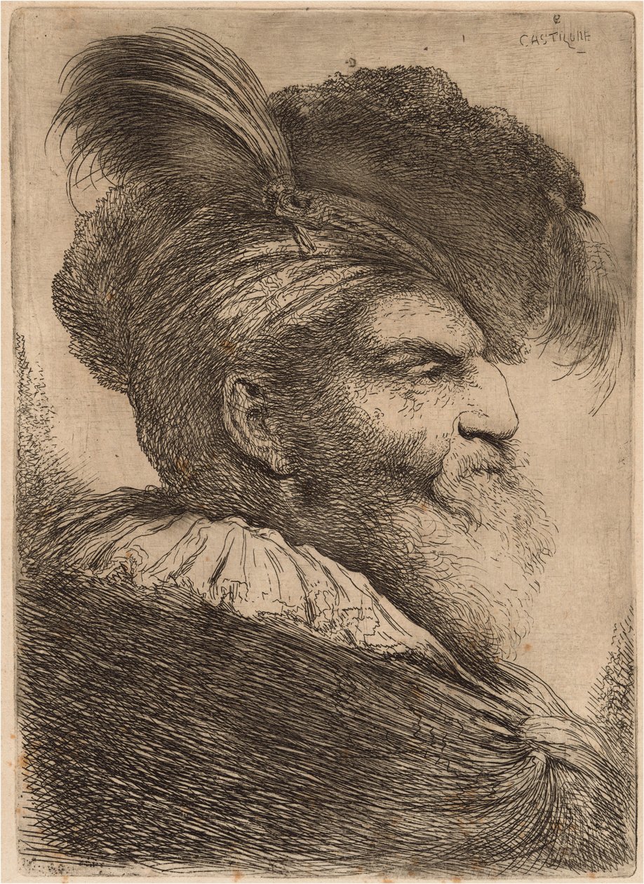 Man med långt skägg och huvudbonad, vänd åt höger av Giovanni Benedetto Castiglione