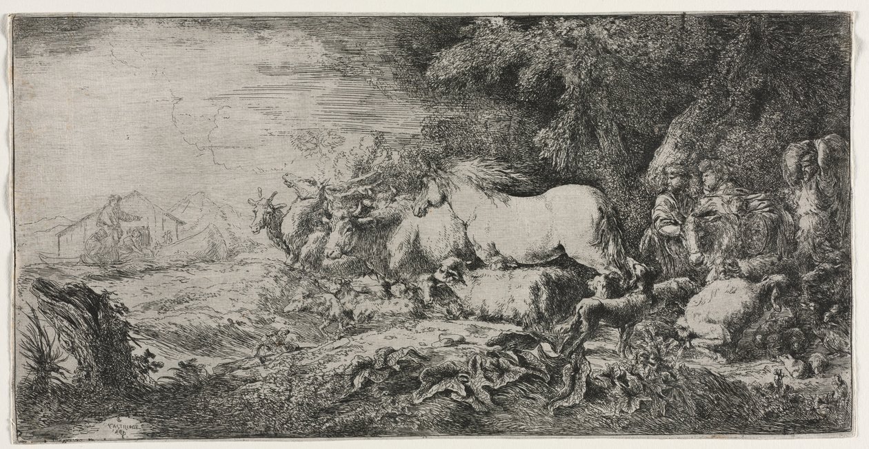 Noah och djuren som går in i arken, 1650-1655. av Giovanni Benedetto Castiglione