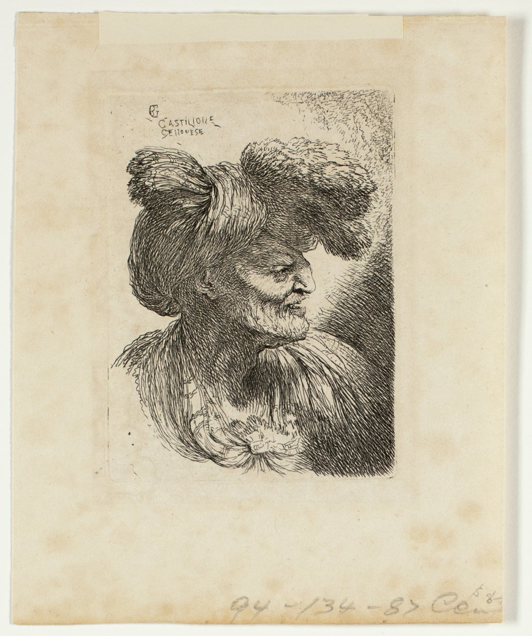 Gammal man bär en turban prydd med päls, vänd åt höger, från små studier av huvuden i orientalisk huvudbonad av Giovanni Benedetto Castiglione