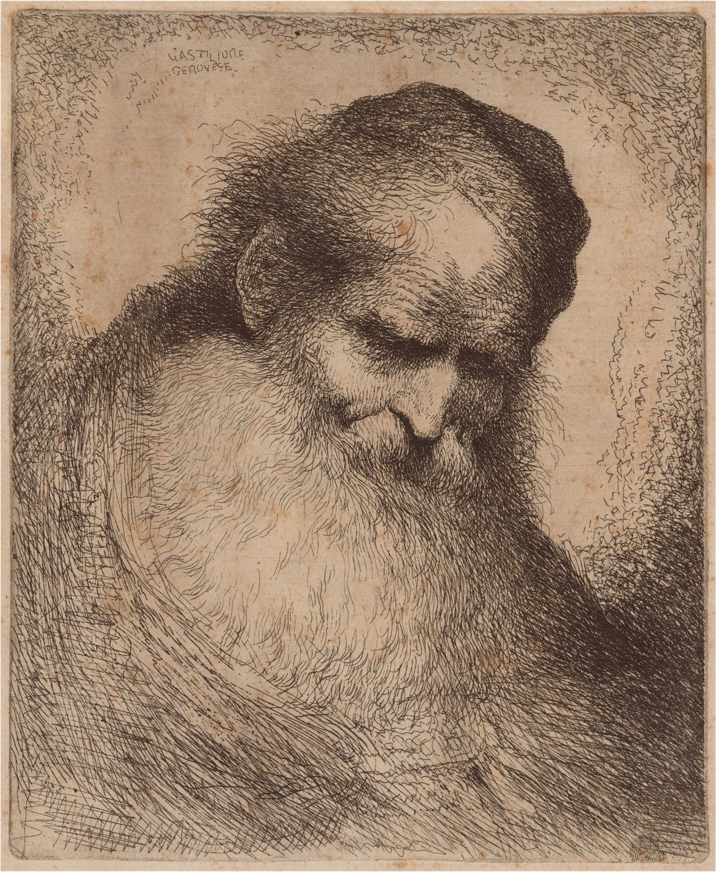 Gammal man med långt skägg och kalot, framåtlutad av Giovanni Benedetto Castiglione