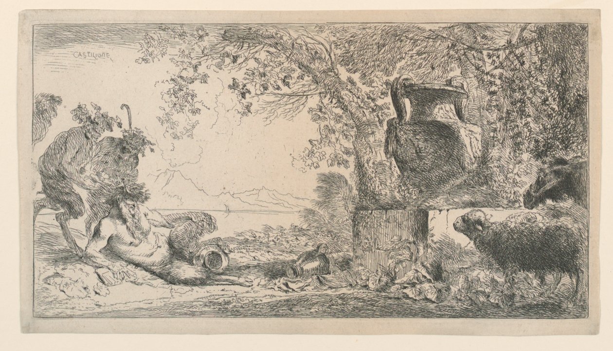 Pan sitter mittemot en vas av Giovanni Benedetto Castiglione