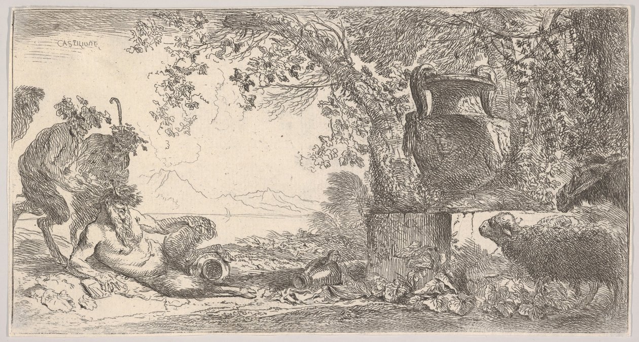 Pann liggande till vänster med två stående satyrer, en stor vas på en piedestal till höger, ca. 1645. av Giovanni Benedetto Castiglione