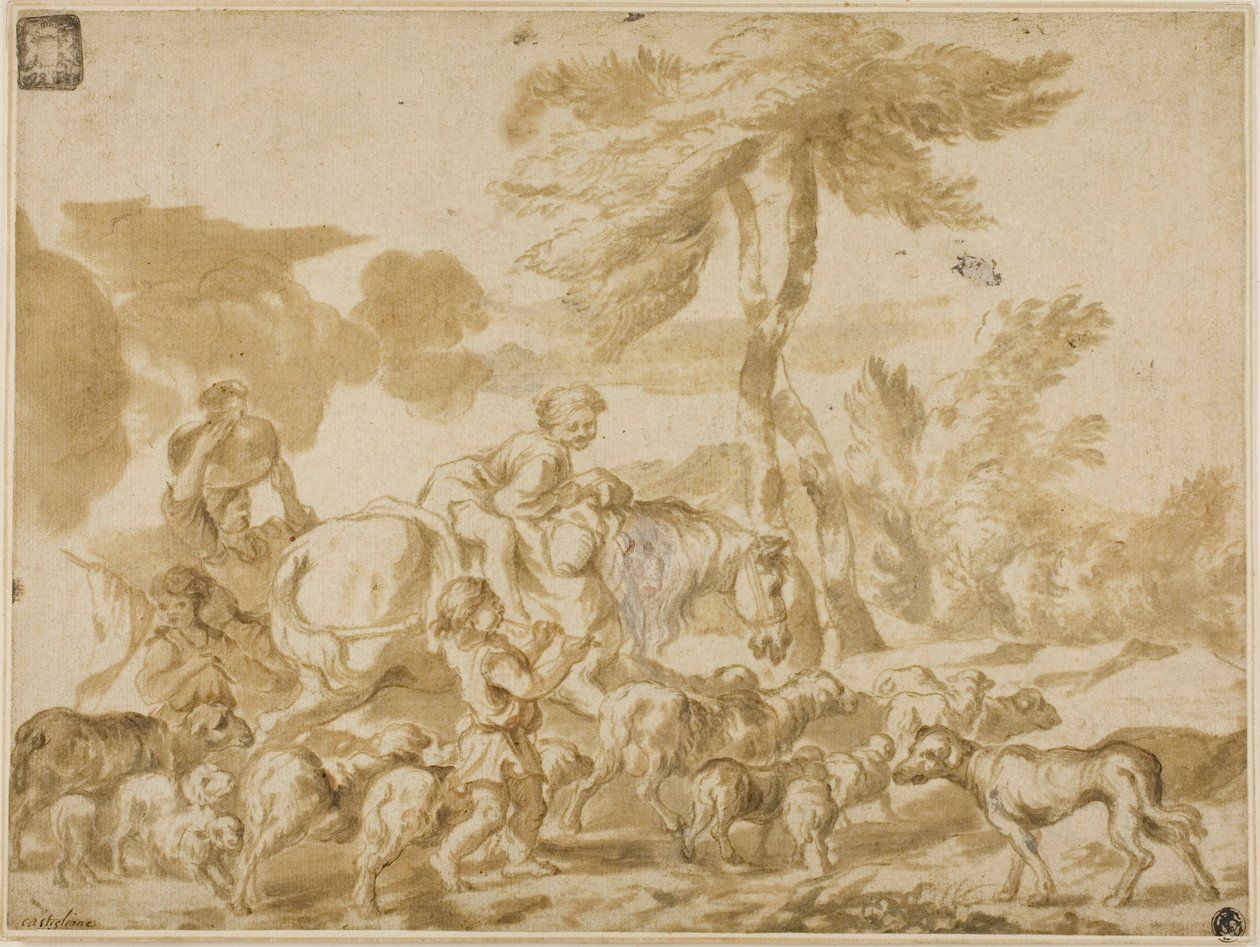 Bondefamilj med får och hund av Giovanni Benedetto Castiglione