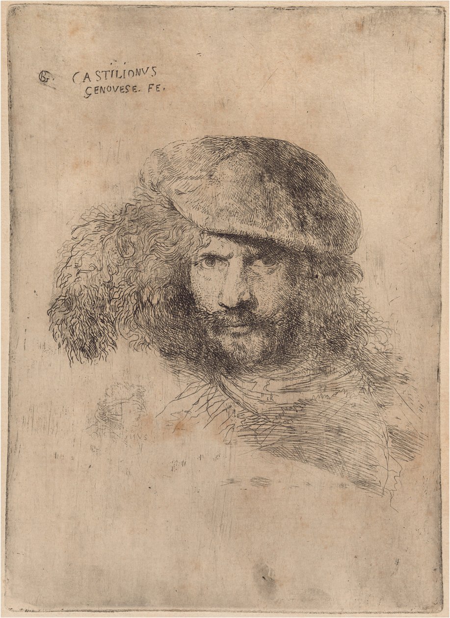Självporträtt(?), Iförd keps med plym ["Porträtt av Bernini"] av Giovanni Benedetto Castiglione