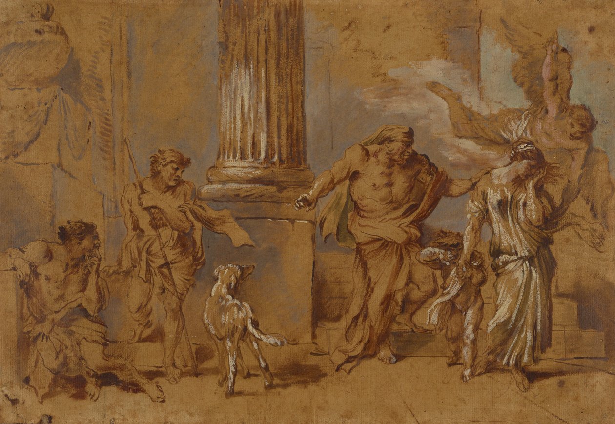 The Expulsion of Hagar, c.1640 (rödbrun, blågrön och vit oljefärg och pensel på solbrunt papper) av Giovanni Benedetto Castiglione