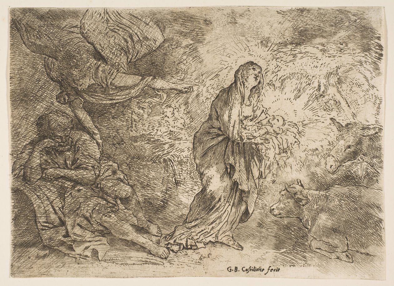 Ängeln som väcker Josef till jungfruns och barnets närvaro, ca. 1645-49. av Giovanni Benedetto Castiglione