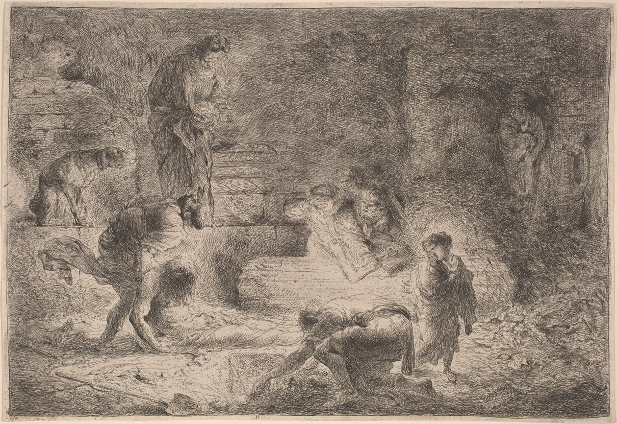 Tobit begraver de döda av Giovanni Benedetto Castiglione