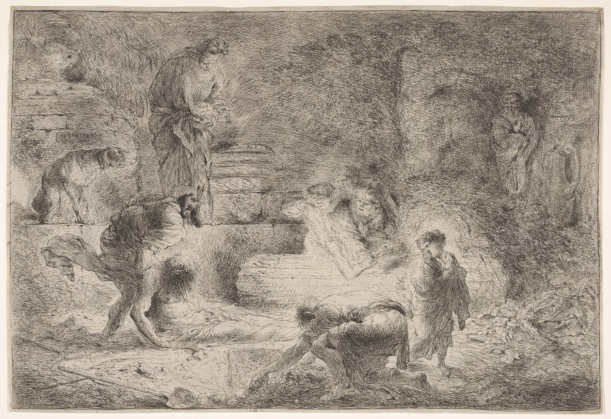 Tobit begravde de döda, ca. 1647-51. av Giovanni Benedetto Castiglione