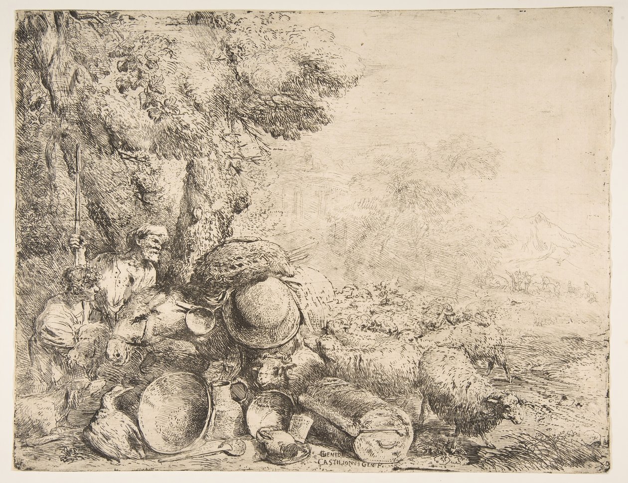 Två herdar, en åsna och andra djur i ett landskap, ca. 1638-1640. av Giovanni Benedetto Castiglione