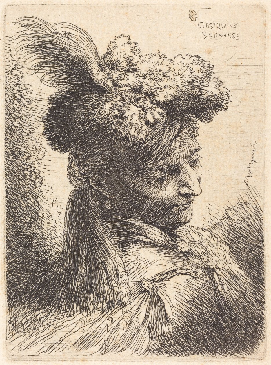 Ung man med huvudbonad av päls och pannband, vänd åt höger av Giovanni Benedetto Castiglione