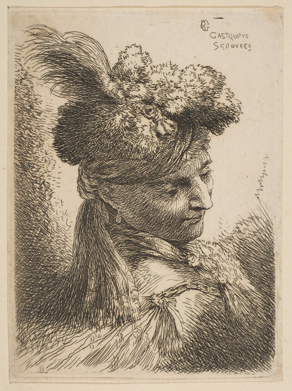 Ung man vänd mot tre fjärdedelar höger klädd i en pälshuvudbonad med en plym, juvel och..., ca. 1645-50. av Giovanni Benedetto Castiglione