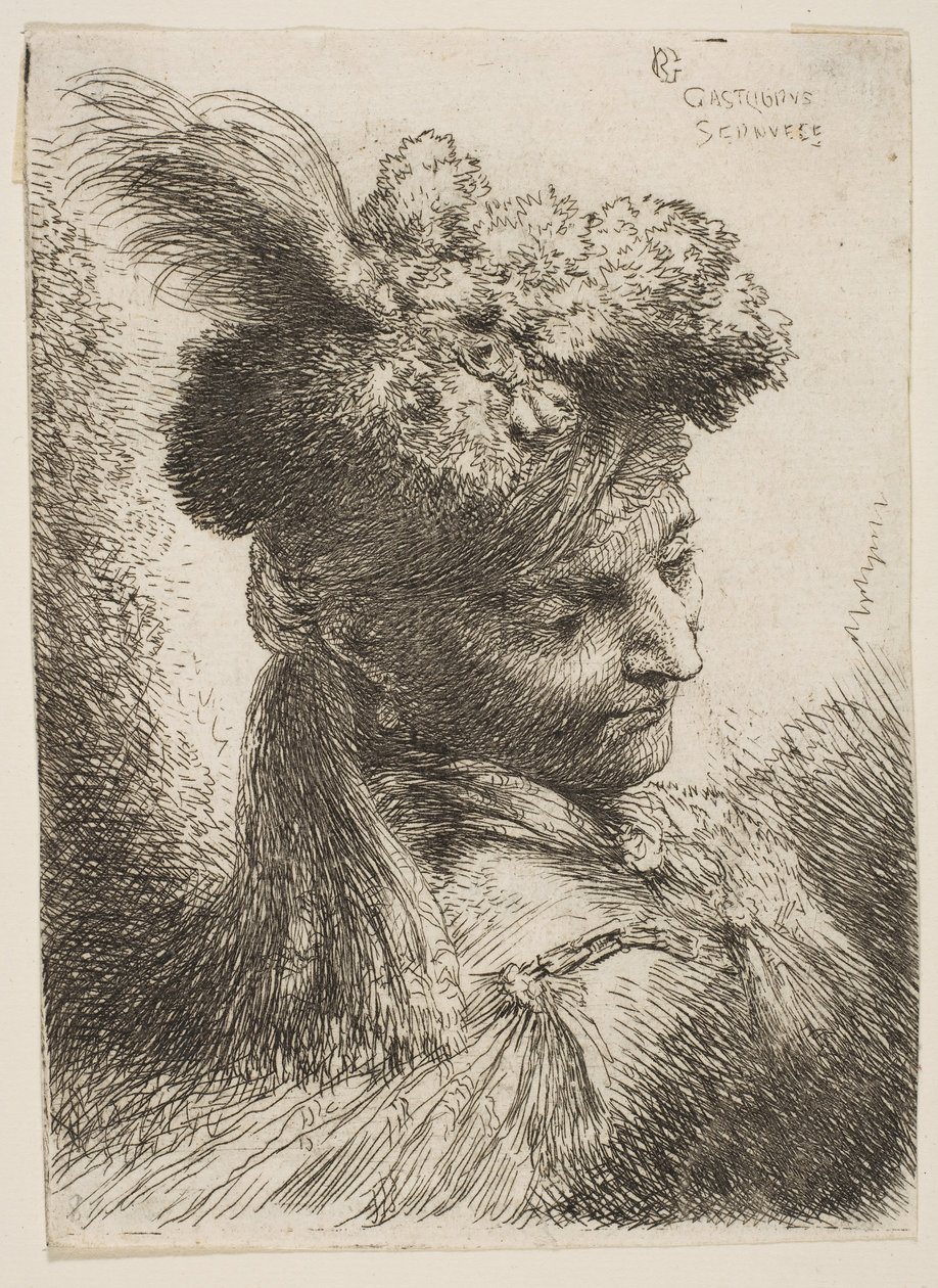 Ung man vänd mot tre fjärdedelar höger klädd i en pälshuvudbonad med en plym, juvel ..., ca. 1645-1650. av Giovanni Benedetto Castiglione