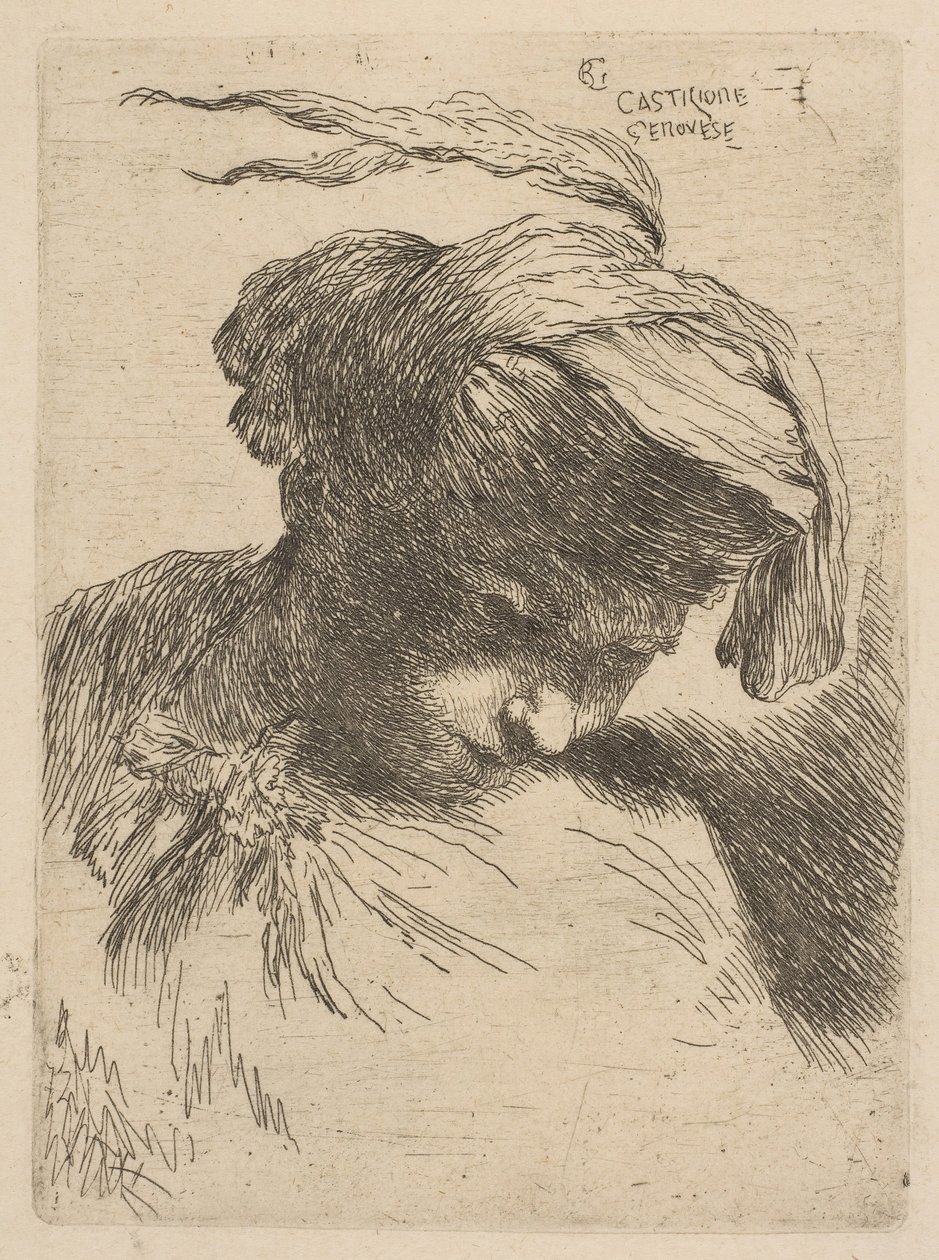 Ung man tittar ner till höger, från serien Small Heads in Oriental Headdr..., ca. 1645-50. av Giovanni Benedetto Castiglione