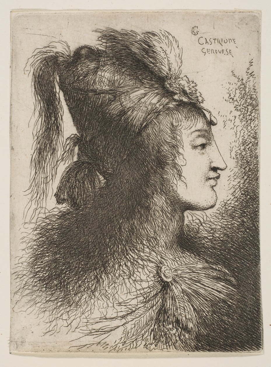 Ung man med plymerad turban, vänd åt höger, från serien Small Heads ..., ca. 1645-1650. av Giovanni Benedetto Castiglione