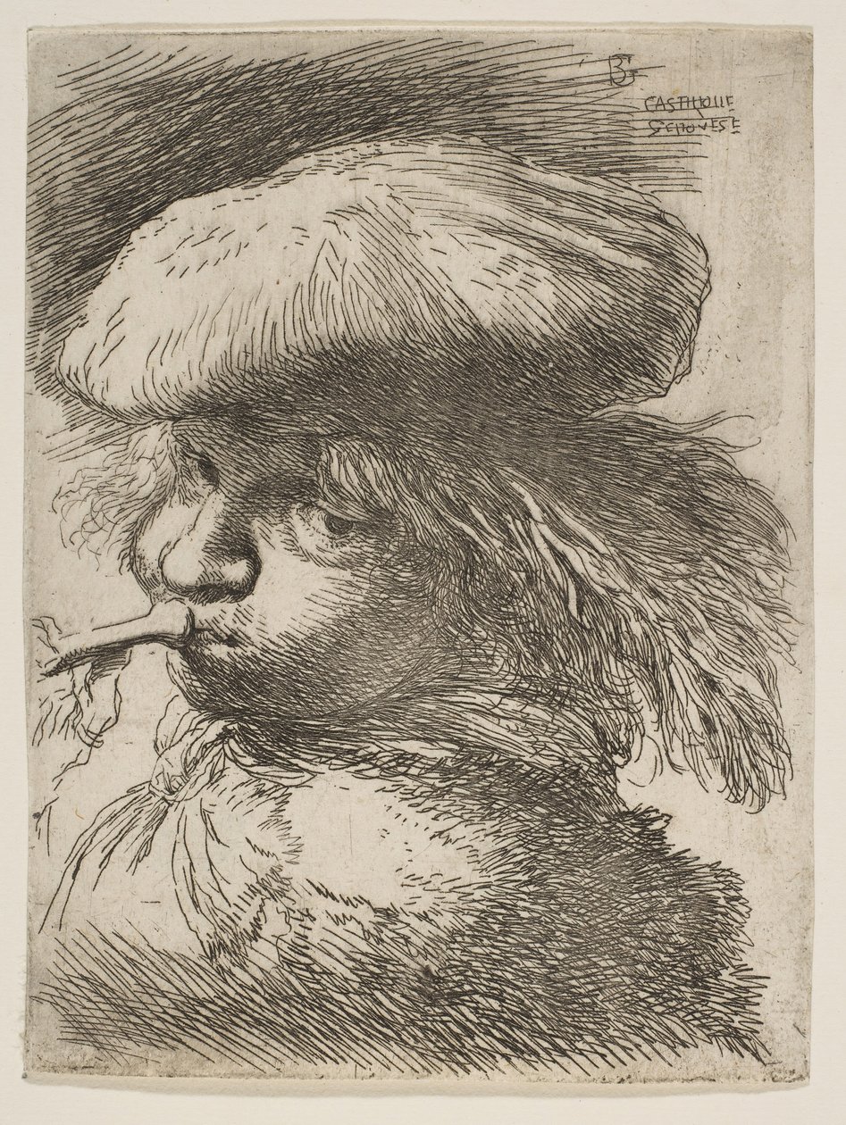 Ung man med en trumpet vänd åt vänster, från serien Small Heads in Oriental..., ca. 1645-1650. av Giovanni Benedetto Castiglione