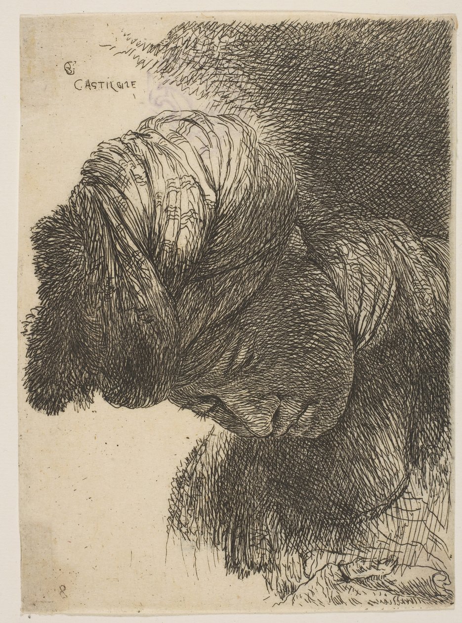 Ung man med sänkt huvud, klädd i turban, vänd åt vänster, från serien o..., ca. 1645-1650. av Giovanni Benedetto Castiglione