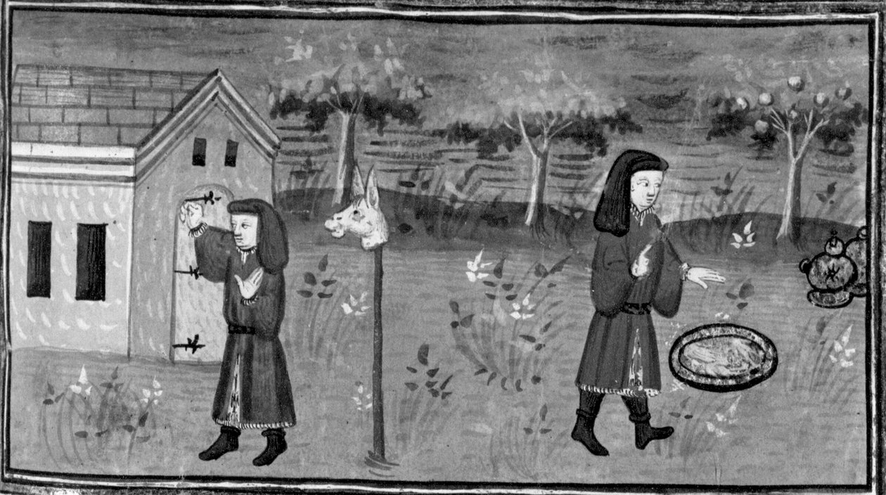 Decameron,Frédéric knackar på Madame Tessas dörr; mannen hittar mat och vin under ett persikoträd. Sjunde dagen, novell 1 av Giovanni Boccaccio
