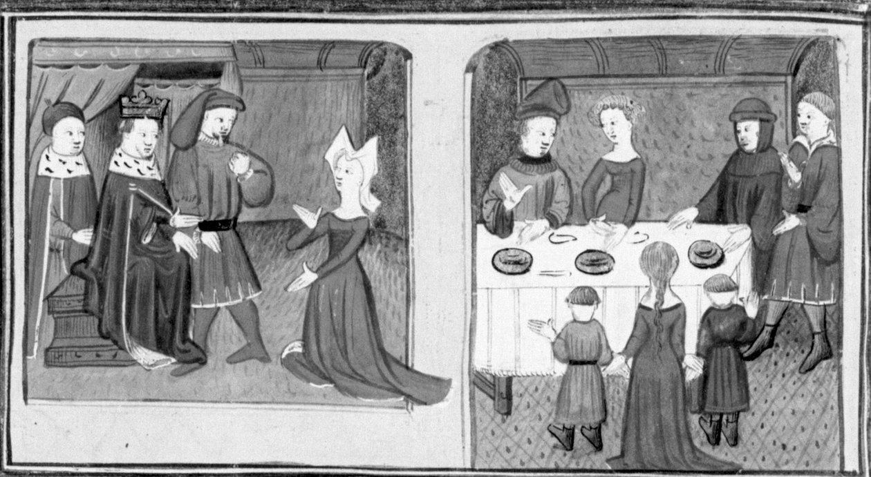 Decameron,Giletta ber kungen att låta henne gifta sig med Beltramo di Rossiglione; Giletta presenterar sina barn för Beltramo. Tredje dagen, novell 9 av Giovanni Boccaccio