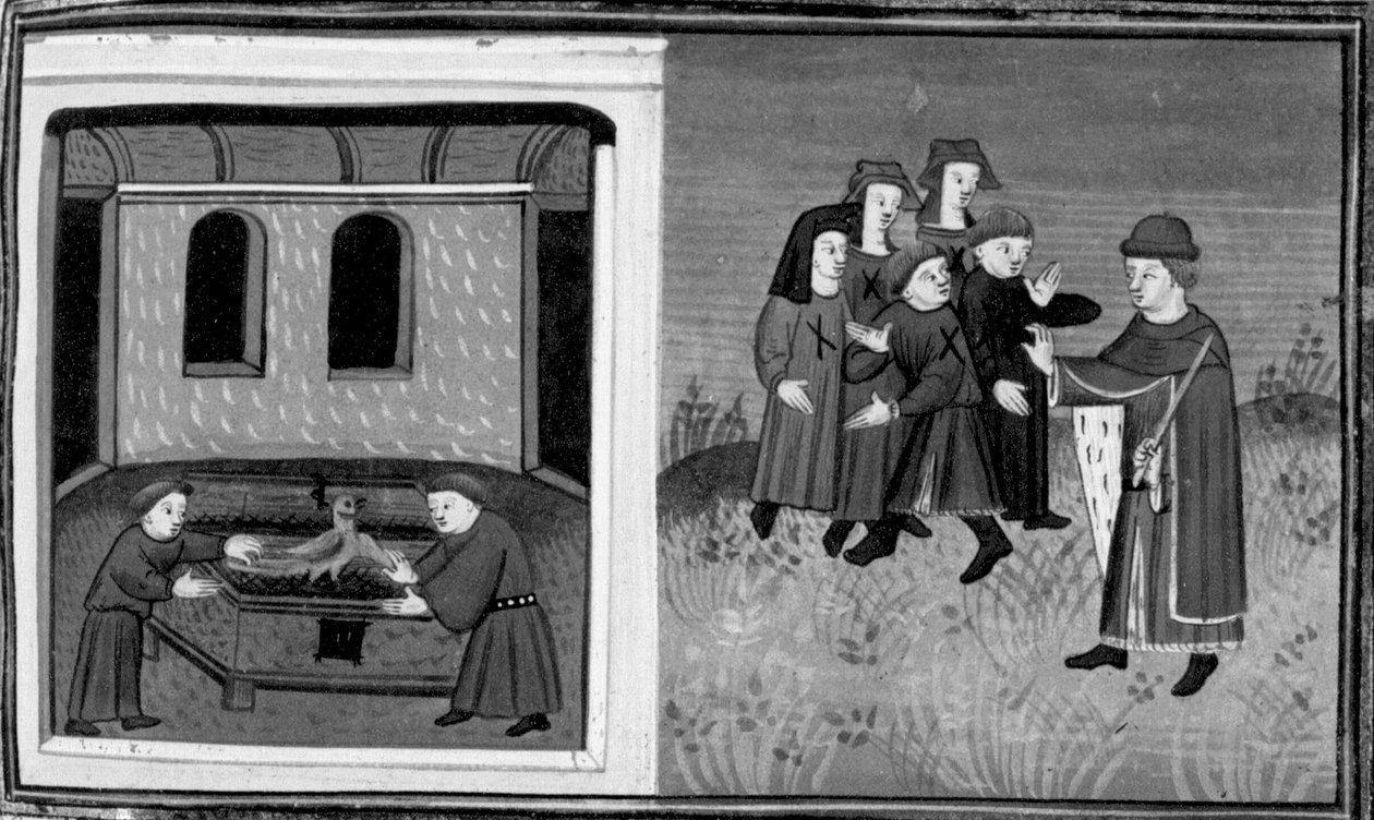 Decameron, Giovanni del Bragoniera och Biagio Pizzini stjäl reliken från broder Ciboule; munken märker bybornas kläder med kolen. Dag sex, nyhet 10 av Giovanni Boccaccio