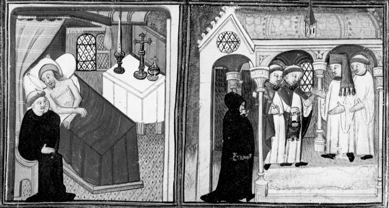 Decameron,Den döende Ciappellettos bekännelse; de troende inbjuds till andakt. Första dagen, novell 1. av Giovanni Boccaccio
