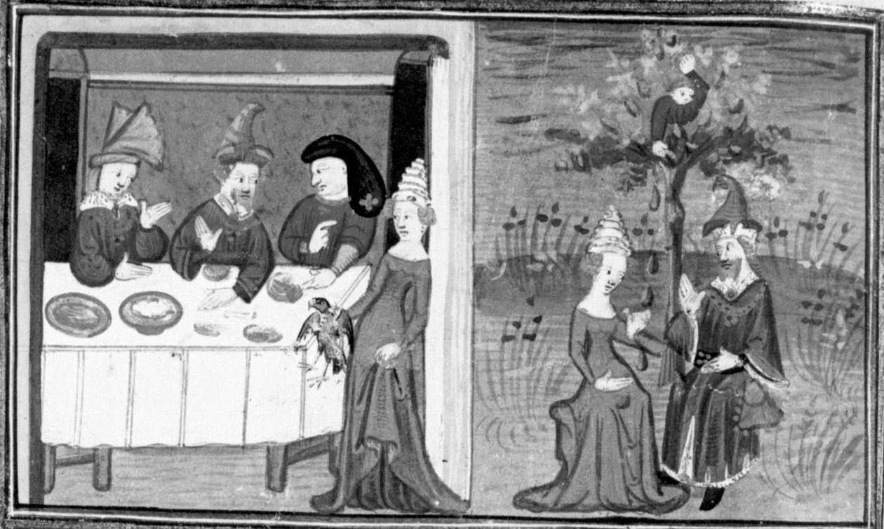 Decameron,Lidia dödar sin mans sparvhök; hustrun samtalar med sin man på ängen. Sjunde dagen, nyhet 9 av Giovanni Boccaccio