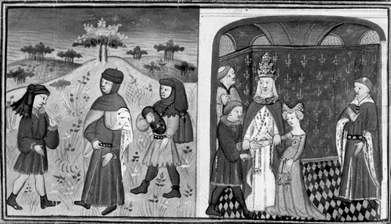 Dekameron, Alexander träffar en ung abbot; påven gifter bort Alexander med prinsessan av England. Andra dagen, novell 3 av Giovanni Boccaccio