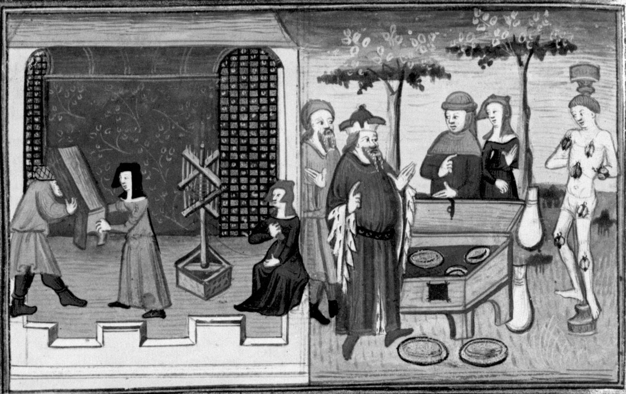 Decameron, Ambrogiuolo bärs till Bernabòs hus i en kista; Ambrogiuolo straffas för sitt bedrägeri. Andra dagen, novell 9 av Giovanni Boccaccio