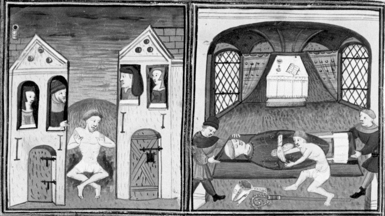 Decameron, Andreuccio ramlar ner i latrinen; Andreuccio hjälper till att plundra biskopens grav. Andra dagen, novell 5 av Giovanni Boccaccio
