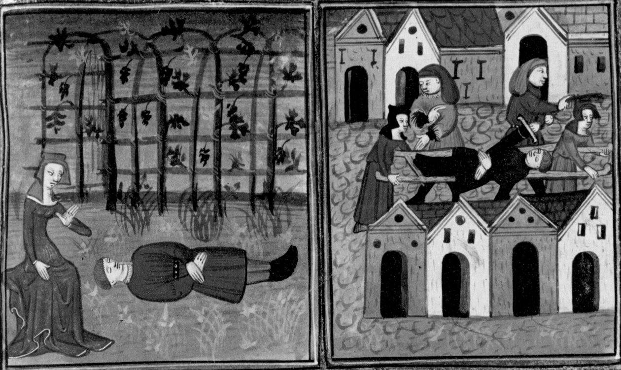 Decameron,
Andreuola hittar Gabriote död; podestà arresterar Andreuola. Fjärde dagen, nyhet 6 av Giovanni Boccaccio