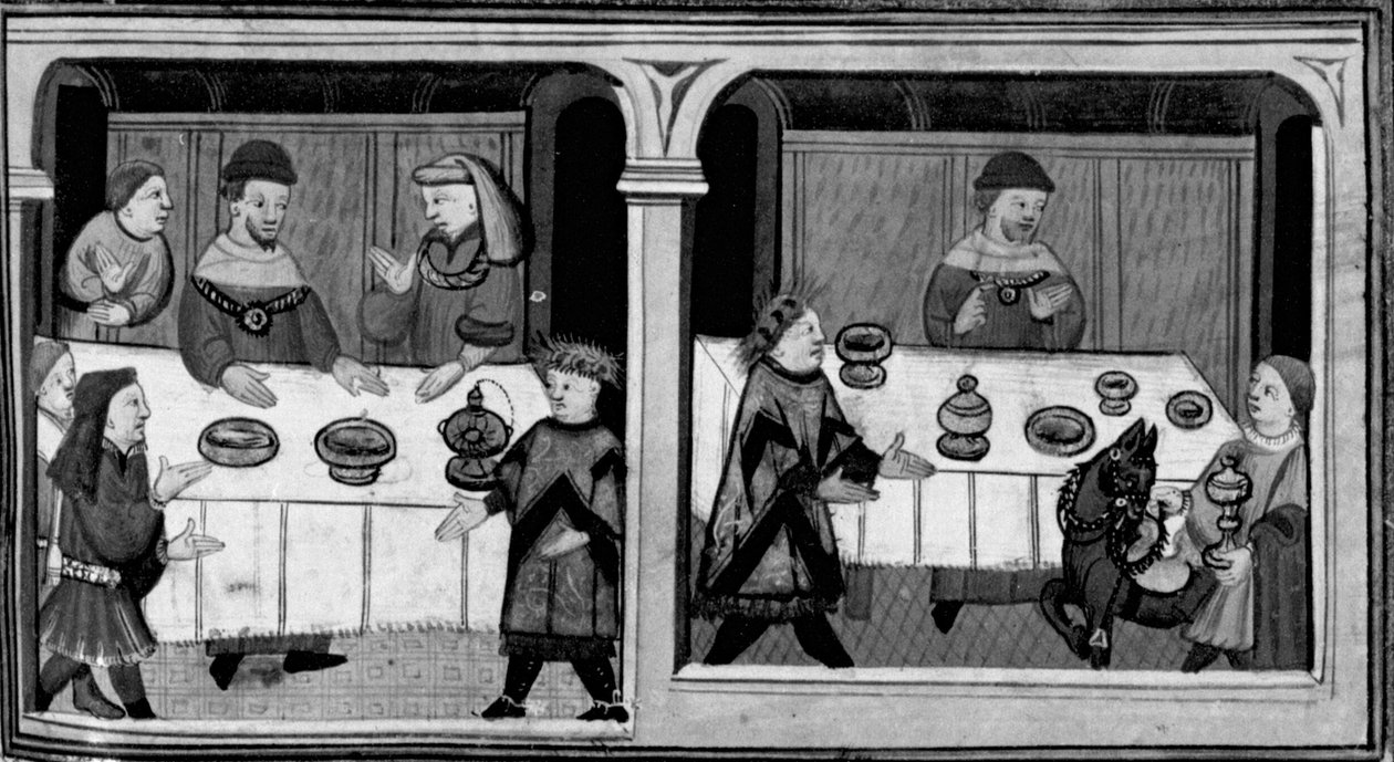 Decameron, Bergamin är inbjuden till Cangrande della Scalas bord; Bergamin tar emot överdådiga gåvor. Första dagen, ny 7. av Giovanni Boccaccio