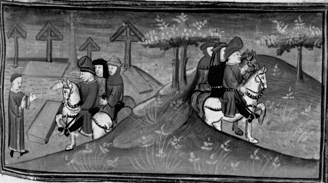 Decameron, Betto Brunelleschi och hans brigad möter Guido Cavalcanti; Betto förklarar Guidos ord för sina vänner. Dag sex, nyhet 9 av Giovanni Boccaccio