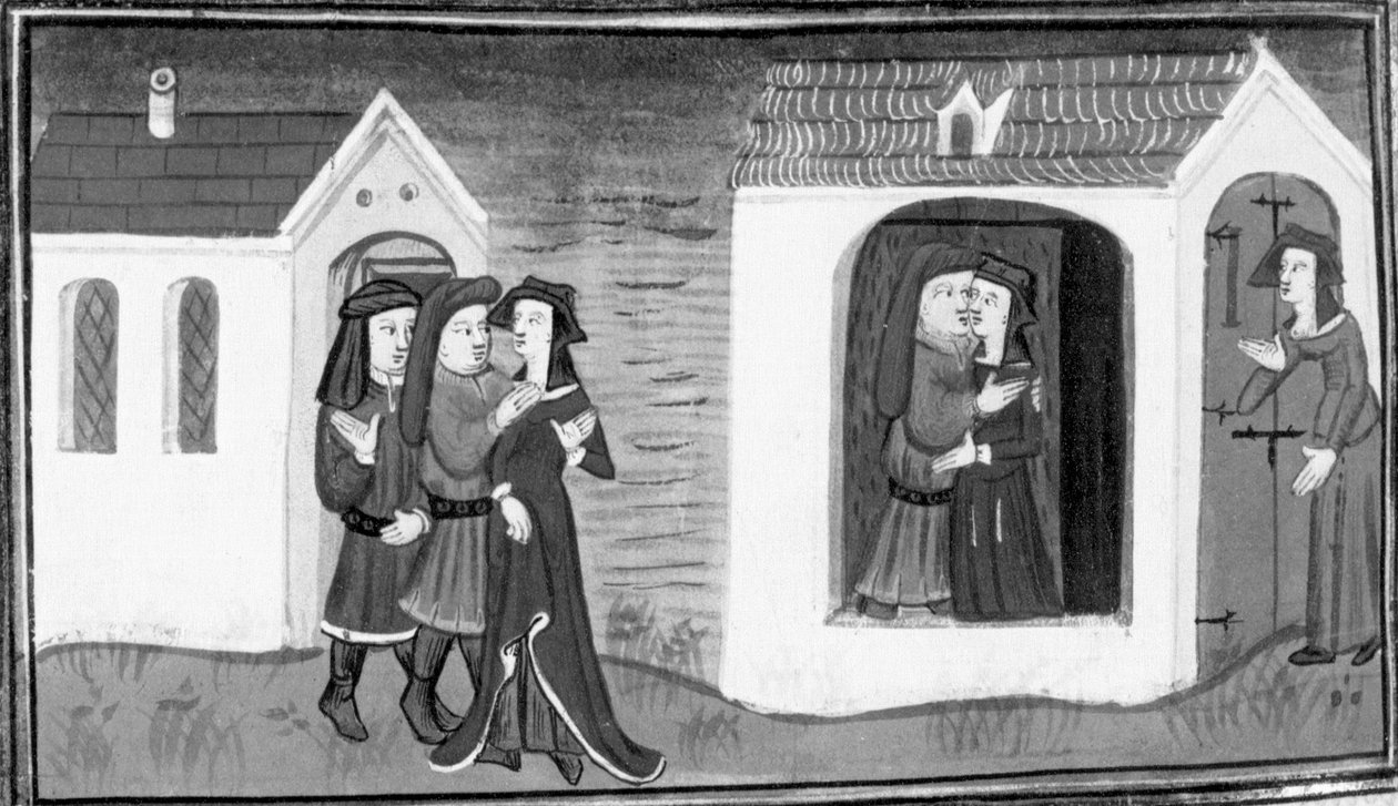 Decameron, Calandrino uppvaktar Niccolosa; Calandrinos hustru överraskar sin man med Niccolosa. Nionde dagen, novell 5 av Giovanni Boccaccio