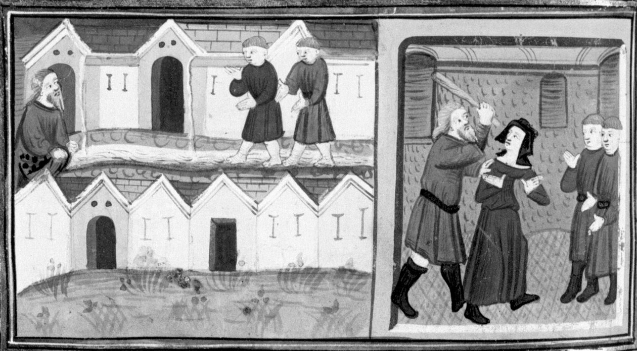 Decameron, Calandrino och hans vänner letar efter heli-tropen i Mugnon; Calandrino slår sin fru. Åttonde dagen, novell 1 av Giovanni Boccaccio